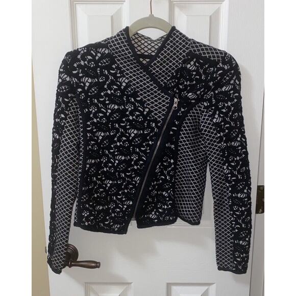 Anthropologie Moth Jacket Women XS Black Jacquard Asymmetrical Moto Zip Lace